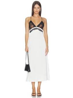 LIONESS - Paris Lace Women's V-Neck Lace Trim Midi Dress White