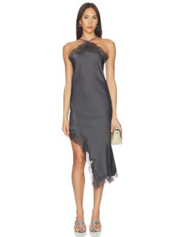 LIONESS - Desiree Women's Lace Trim Satin Midi Dress Smoke
