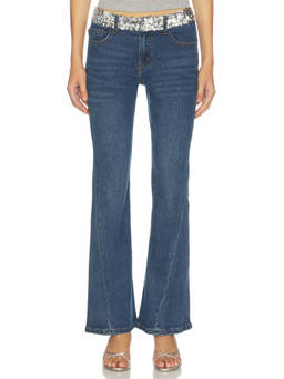 LIONESS - Legacy Women's Mid-Waist Sequin Waistband Flared Jeans Blue