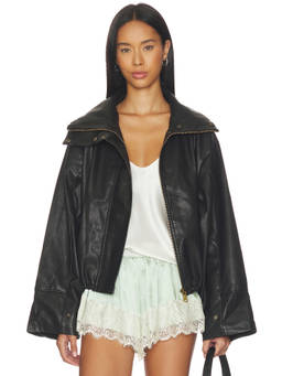 LIONESS - Shoreline Women's Faux Leather Funnel Neck Biker Jacket Black