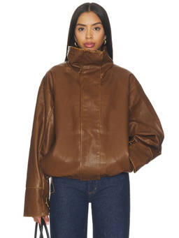 LIONESS - Shoreline Funnel Women's Faux Leather Biker Jacket Brown