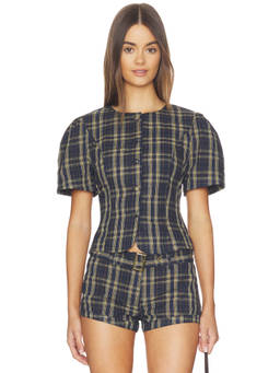 LIONESS - Femme Women's Plaid Puff Sleeves Button Front Blouse Navy Blue