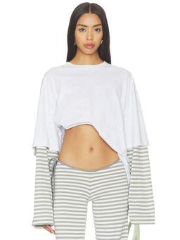 LIONESS - Bottega Women's Faux Layered Cotton Jersey Top Ash Stripe