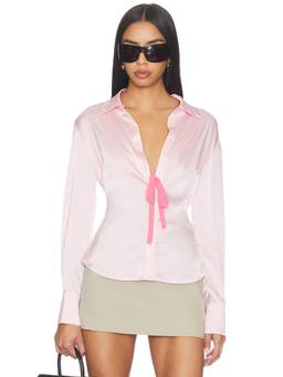 LIONESS - Angelic Women's Satin Tie-Front Button-Up Shirt Pink