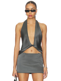 LIONESS - Esme Women's Satin Crepe Backless Halter Top Dark Olive