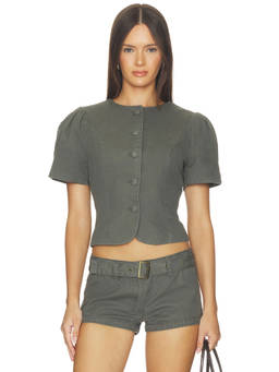 LIONESS - Femme Women's Puff Sleeves Button Front Blouse Moss