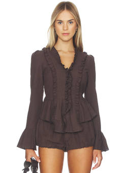 LIONESS - Odette Women's Ruffled Bell Sleeve Peplum Top Brown
