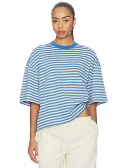 LIONESS - Bloom Women's Striped Drop Shoulder Crew Neck T-Shirt Blue