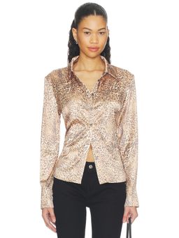 LIONESS - Angelic Women's Leopard Print Satin Button-Down Shirt Brown