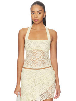 LIONESS - Palisades Women's Sheer Lace Halter Neck Top Yellow