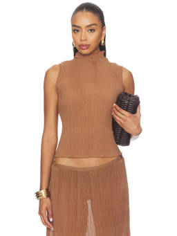 LIONESS - Plisse Women's Sleeveless High Neck Top Cocoa