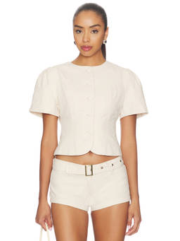 LIONESS - Cotton Women's Puff Sleeves Cropped Blouse Beige