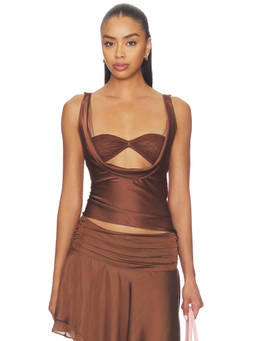 LIONESS - Delilah Women's Satin Plunging Neck Sleeveless Top Cocoa