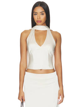 LIONESS - Front Row Women's Satin Halter Neck Crop Top Cream