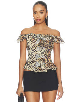 LIONESS - Timeless Women's Off-Shoulder Ruffled Chiffon Top Brown