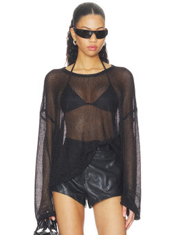 LIONESS - Bloom Women's Sheer Mesh Knit Long Sleeve Top Black