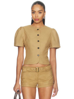 LIONESS - Femme Women's Puff Sleeves Button-Down Blouse Camel