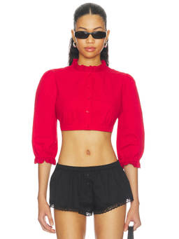 LIONESS - Poplin Women's Ruffled High Neck Crop Top Red