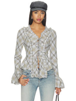 LIONESS - Odette Women's Ruffled Tie-Up Flared Sleeve Top Grey
