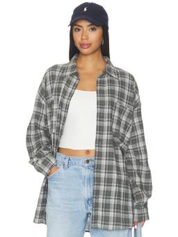 LIONESS - Clarity Women's Plaid Flannel Button-Up Shirt Slate Plaid