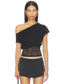 LIONESS - Etoile Women's One Shoulder Lace Panel Crop Top Grey