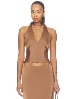 LIONESS - Front Row Women's Satin Halter Neck Tailored Top Brown