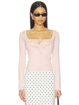 LIONESS - Babydoll Women's Lace Trim Button-Down Long Sleeve Top Pink
