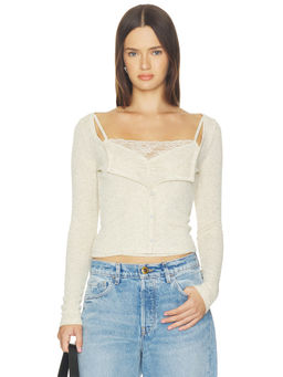 LIONESS - Babydoll Women's Ribbed Knit Lace Trim Long Sleeve Top Taupe