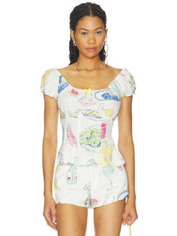 Lisa Says Gah - Pat Women's Printed Puff Sleeves Peplum Top White
