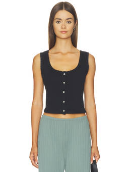 LESET - Pointelle Women's Sleeveless Button Down Crop Tank Top Black