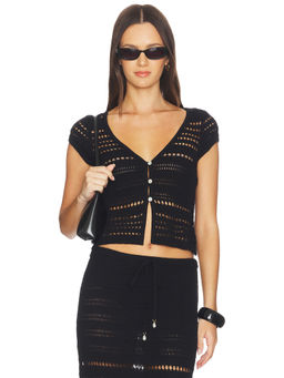 L SPACE - Open-Knit Women's V-Neck Button Front Crop Top Black