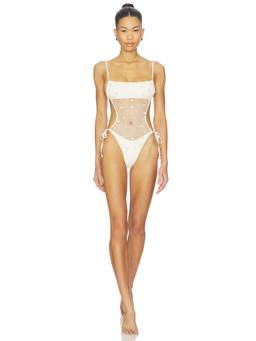 L SPACE - Catching Up Women's Unpadded Mesh Overlay One Piece Swimsuit Cream