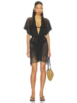 Luli Fama - Caught Up Women's Sheer Tie-Up Knit Short Kaftan Black