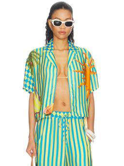Maaji - Tropic Camouflage Women's Striped Button-Down Shirt Open Blue