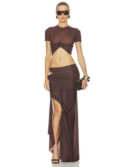 Maygel Coronel - Altura Women's Twist Front Crop Top & Maxi Skirt Co-ord Set Brown