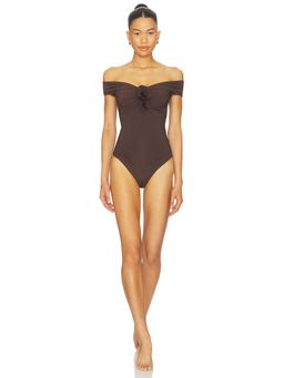 Maygel Coronel - Aljibe Women's Ruched Off Shoulder One Piece Swimsuit Brown