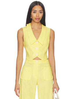MATTHEW BRUCH - Collared V-Neck Women's Sleeveless Linen Vest Yellow