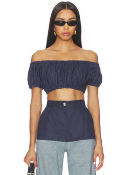 MATTHEW BRUCH - Bubble Women's Off-Shoulder Linen Crop Top Navy Blue