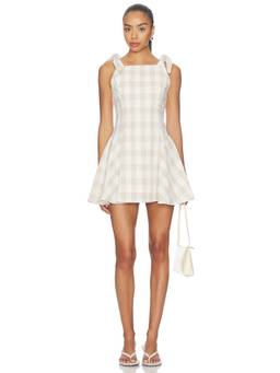 Maude Club - Gingham Women's Tie-Up Strap A-Line Mini Dress Beige