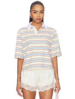 Maude Club - Frankie Women's Striped Cotton Jersey Polo Top Ivory