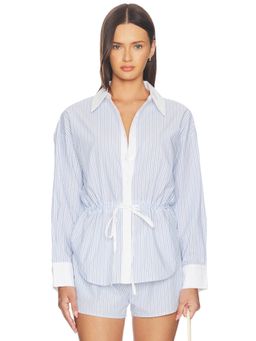 Maude Club - Cotton Women's Striped Drawstring Waist Button-Up Shirt Blue
