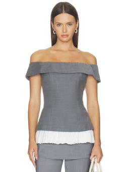 Maude Club - Faux Layered Women's Off Shoulder Cinched Waist Top Grey