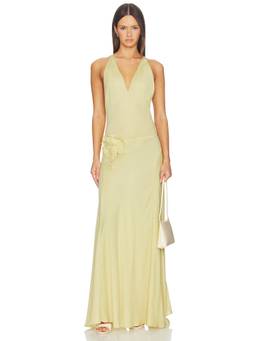 Mother of All - Fran Women's Floral Applique Waist-Tie Maxi Dress Yellow