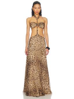 Mariandree Gaitan - Kira Women's Animal Print Halter Neck Maxi Dress Brown