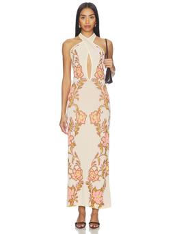 MISA Los Angeles - Plumeria Wave Women's Halter Open-Back Jacquard Maxi Dress Beige
