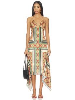 MISA Los Angeles - Sheila Women's Printed Halter Neck Asymmetric Hem Midi Dress Orange