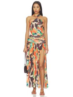 MISA Los Angeles - Lacey Women's Halter Neck Ruched Maxi Dress Multi-Color