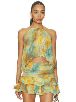 MISA Los Angeles - Halcyon Fresco Women's Printed Halter Neck Sleeveless Top Aqua