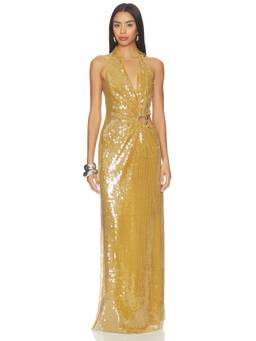 MISHA - Devon Women's Halter Neck Sequin Maxi Dress Mustard