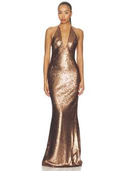 MISHA - Plunge Sequin Women's Halter Neck Maxi Dress Mocha